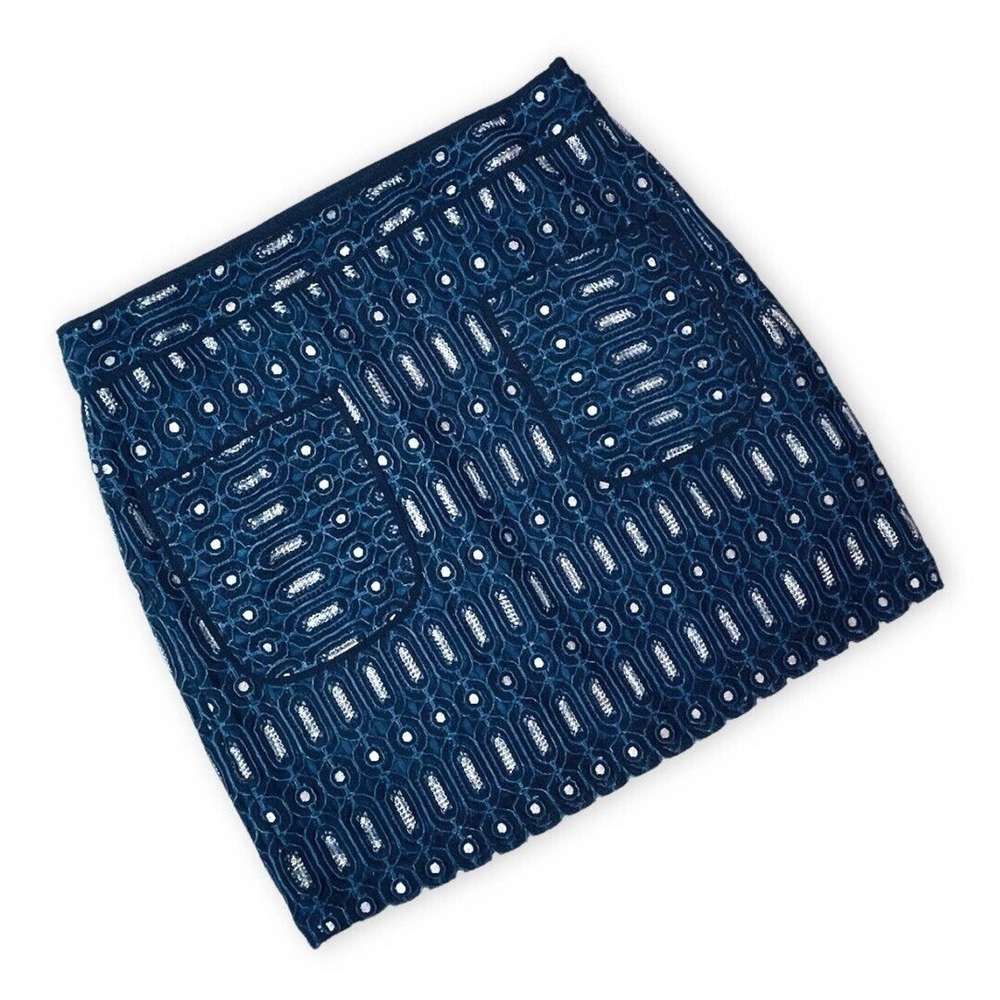 🍀LOFT Women's Blue Silver Metallic Geometric Mini Pencil Skirt Size 10 NWT